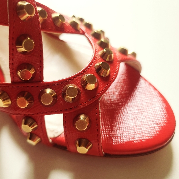 PRADA Red Patent Leather Gold Studded Strappy Wedge Sandal 36.5 - Picture 3 of 7